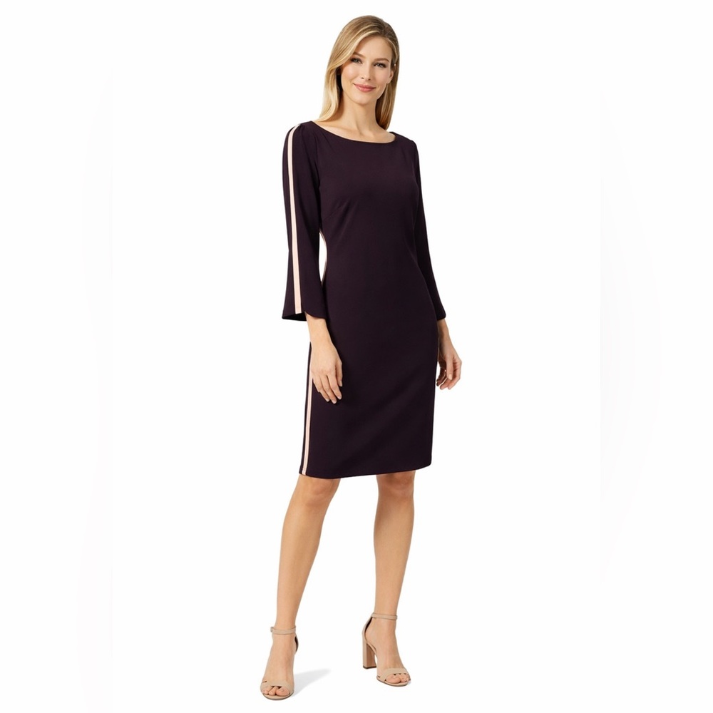 Vince Camuto Scuba Sheath Dress 8 Plum Pink Side Stripe 3/4 Long Sleeve Washable